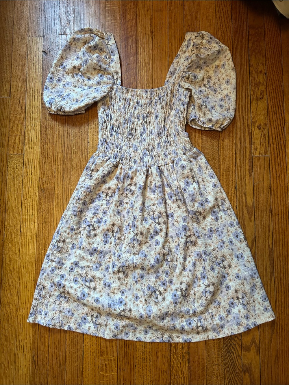 Smocked Puff-Sleeve Mini Dress in Lavender Floral
